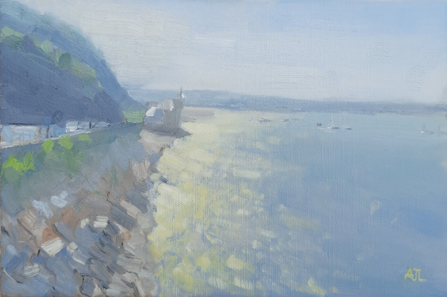 Oil painting showing light on Swansea Bay near the Mumbles